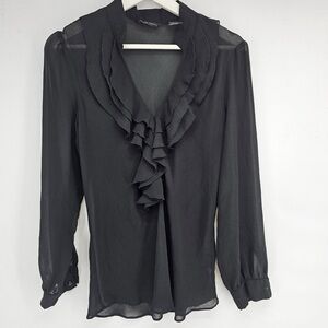New York &‎ Company Black Ruffle Chiffon Sheer Blouse Top Shirt 6